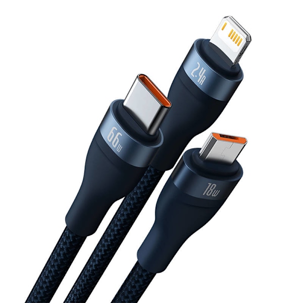 3-i-1 USB-kabel Baseus USB 3-i-1 Baseus Flash-serie, USB-C + Micro + Lightning 66W, 1,2 m (blå)