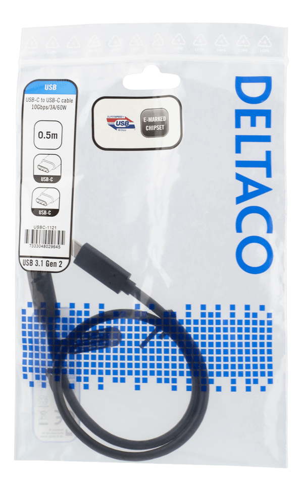 USB-C-kaapeli, 0,5m, USB 3.1 Gen 2, 10 Gbps, 60W, musta