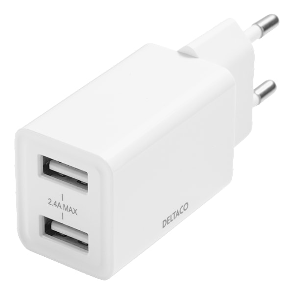 USB wall charger, 2x USB-A, 2.4 A, max total 12 W, white