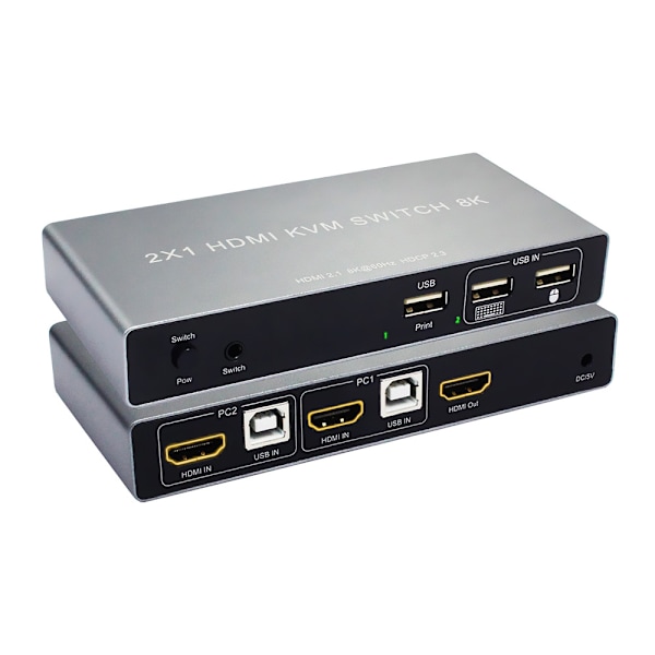 HDMI 2.1 KVM-switch 8K@60Hz 4K@120Hz, tovejsswitch med USB-udskriftsdeling og genvejstast