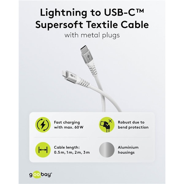 Lightning-USB-C™ supersoft textilkabel med metallkontakter, 3 m, vit