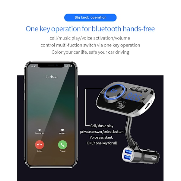 Trådlös FM-sändare för bilen LED 7 färger QC3.0 snabbladdare