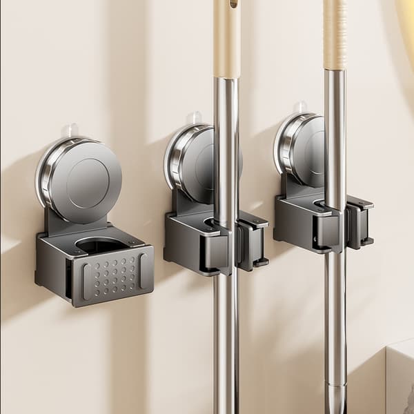 Premium Broom Holder Mop Hanger Wall Mount Suction Cup Rack Grey Grey