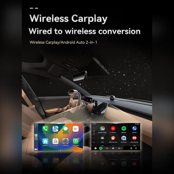 Smart Carplay Android Auto 2-i-1 Trådlös Adapter Box (Metall+Glas) för sömlös bilanslutning Silver+Vit