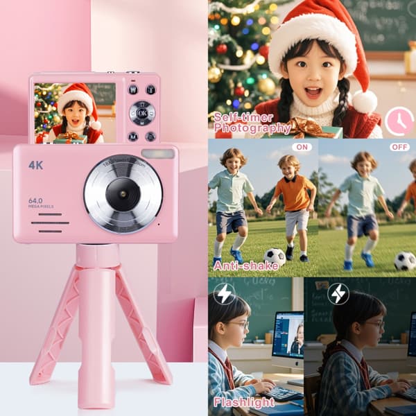 4K digitalkamera med 64MP-sensor, 18x zoom, 2.88-tums LCD och kompakt rosa design