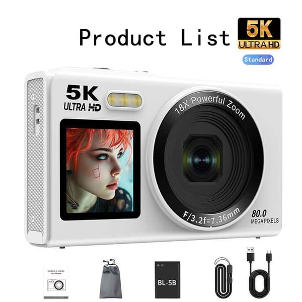 5K Studenter Kamera 80MP Dobbelt Skærm Selfie CCD Digitalkamera White White