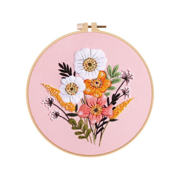 DIY Handbroderi Startpaket - 3 Set med Blommönster, Båge och Verktyg