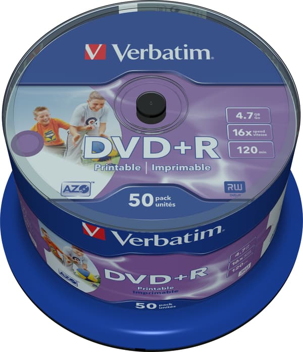 DVD+R, 16x, 4.7 GB/120 min, 50-pack spindel, AZO, printable