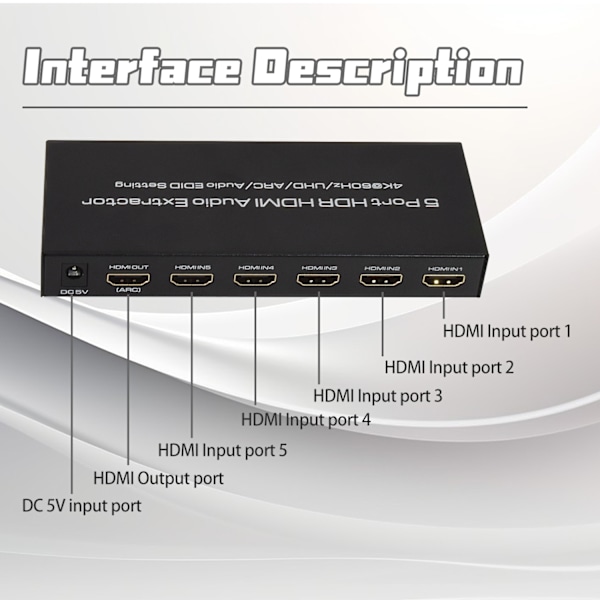 HDMI switch 5 in 1 out, 4K@60Hz med ARC audio extractor HDMI 2.0 HDR och fjärrkontroll Svart