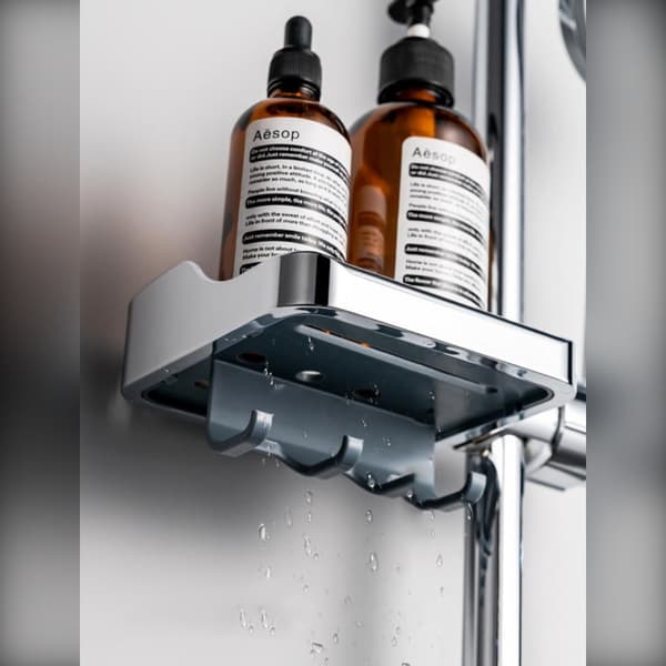 Shower Head Shelf Bracket with Storage Hooks ABS rail-mounted shower caddy kompatibelt med 18-26mm round rail Silver Silver