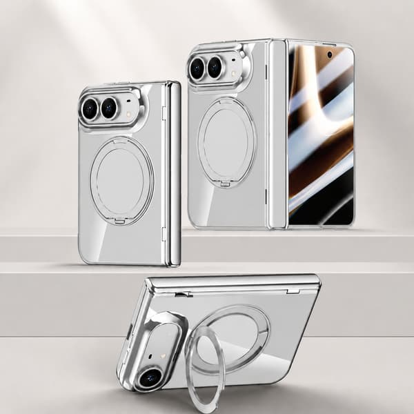 Foldbart PC-telefoncover kompatibelt med iPhone Duo med MagSafe, 360° stativ og hærdet glas Silver Silver