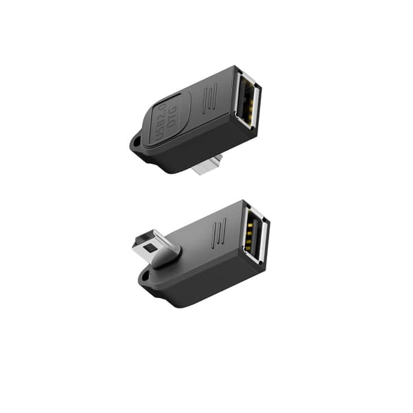 Venstrevinklet mini USB han til USB-A hun OTG-adapter 4-pak, USB 2.0 480Mbps, nøglekæde, ABS, sort, kompakt