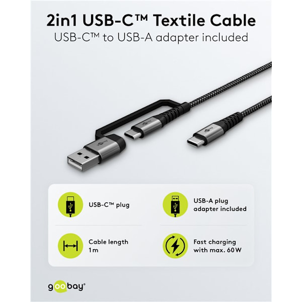 2in1 USB-textilkabel, rymdgrå/silver, m