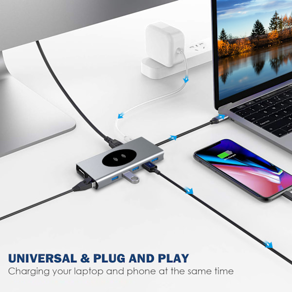13-in-1 USB-C-keskitin HDMI:llä, VGA:lla, Ethernetillä, SD-kortinlukijalla ja muilla ominaisuuksilla