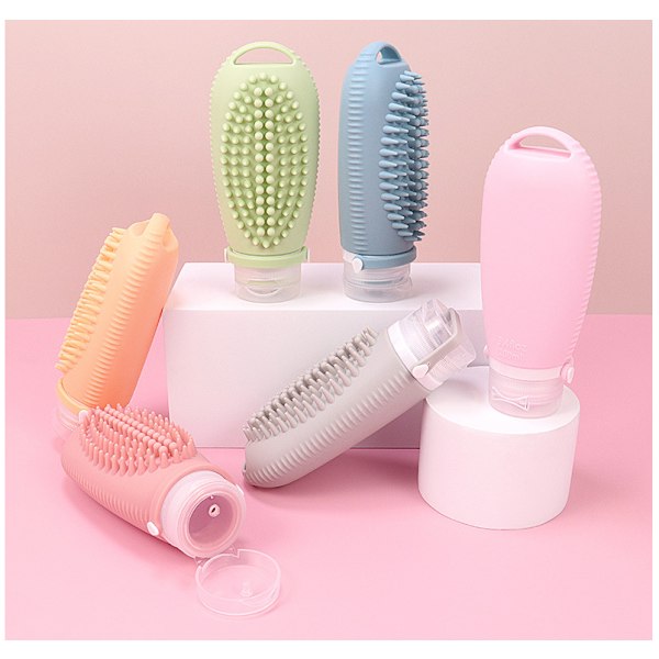 Silikoninen annostelupullo shampooharjalla Pinkki+sininen+harmaa