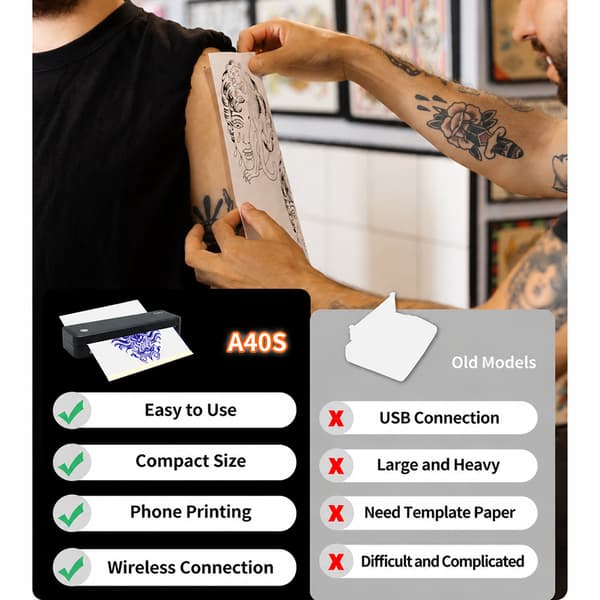 Portabel A4-skrivare för tatueringsöverföring med Bluetooth, 208 mm format och 56–216 mm bredd