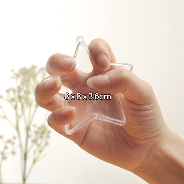 5 st klara, fyllbara julgranskulor i plast, 8 cm stjärnformade