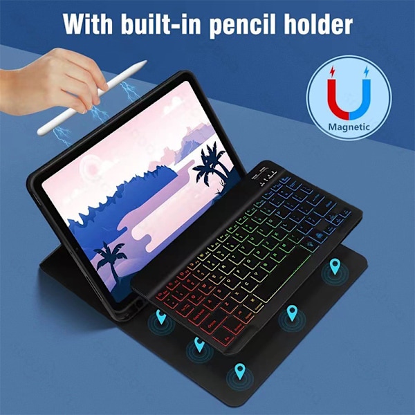 Læderetui med RGB Bluetooth-tastatur til iPad iPad 10,2/10,5 tommer Sort