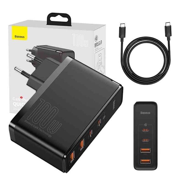 Reseladdare Baseus GaN2 Pro Quick 2x USB + 2x USB-C, 100W, EU (svart)