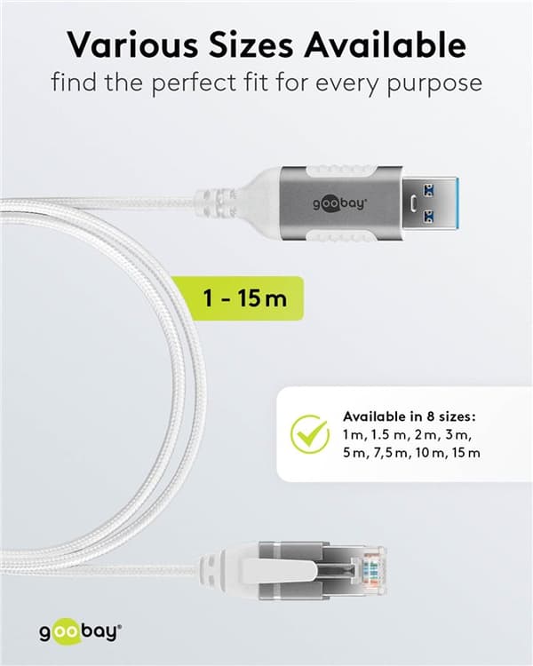 Ethernet-kaapeli USB-A 3.0 - RJ45, ohut, 1,5 m
