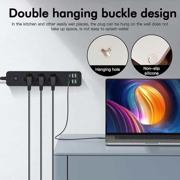 BKL-03 EU-strømskinne med 6 USB-porte Black Black