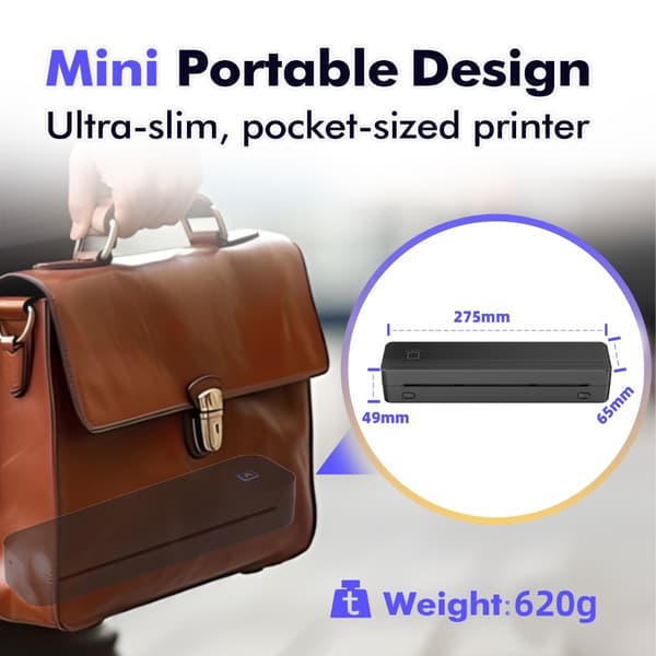 A4 termisk mini-printer med Bluetooth, blækfri udskrivning, kompakt format og understøttelse af iOS, Android, Windows og macOS White White