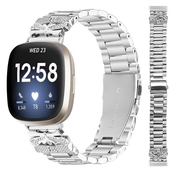 Glittrande fjärilsarmband för Fitbit Versa 3/4 med tre strass Silver