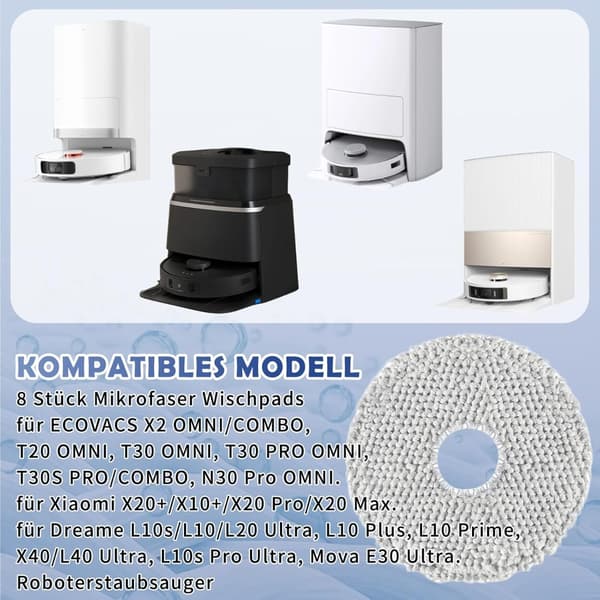 Tvättbara mikrofibermoppdukar 8-pack för robotdammsugare - effektiv våtmoppning i hemmet, maskintvättbara moppdukar kompatibelt med Ecovacs Deebot och
