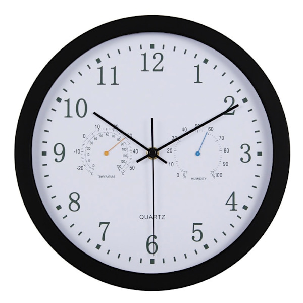 Tyst väggklocka med termometer och hygrometer, 30 cm diameter Svart