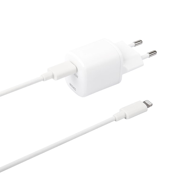 USB-C wall charger, 1 m detach. USB-C to Lightning cable, wh