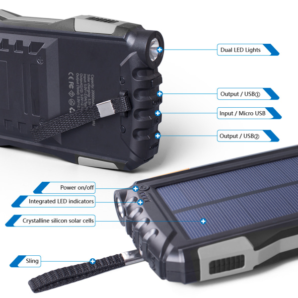 Powerbank 20000mAh med sol-cell 2 x USB