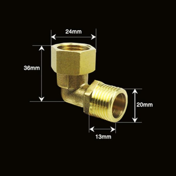 Messing 90° Gevindadapter, 1/2" Han-Hunner-Han Rørkobling