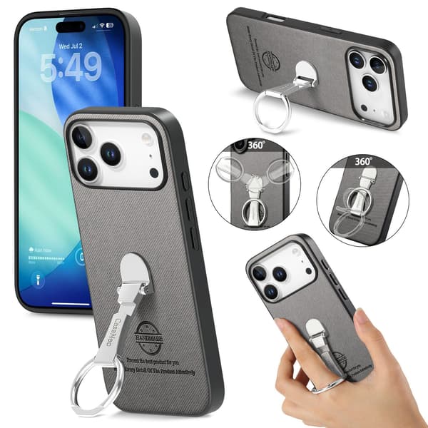 Grått PU Läderfodral Kompatibelt med iPhone 17 Pro med 360° Roterande Ringstativ