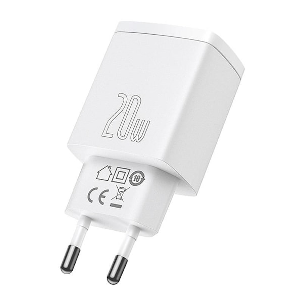 Baseus kompakt snabbladdare, USB, USB-C, 20W (vit)
