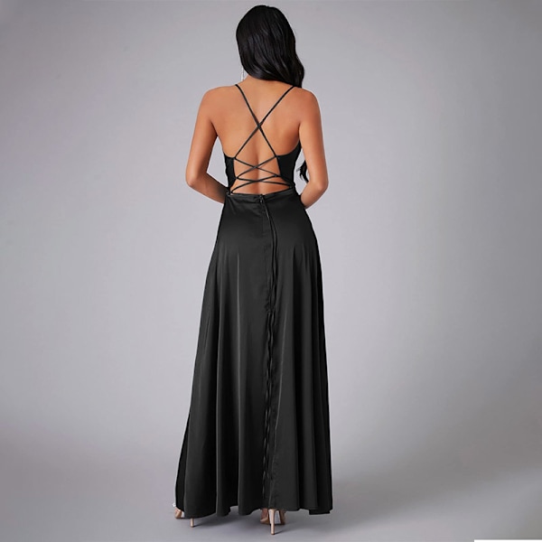 Elegant Sort Maxi-Kjole med Åben Ryg M
