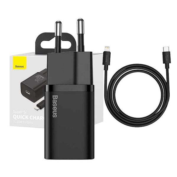 Baseus Super Si Snabbladdare 1C 20W med USB-C-kabel för Lightning 1m (svart)