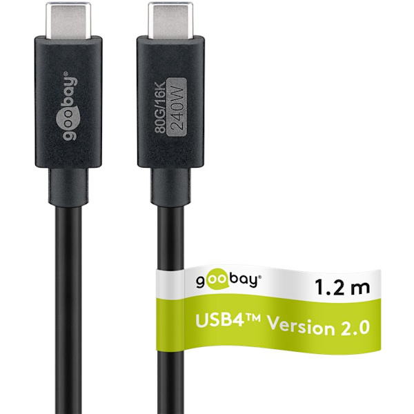 Certifierad USB-C™-kabel, USB4™ version 2.0, 1,2 m, svart