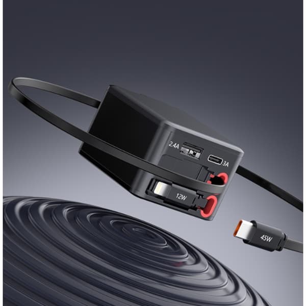 45 W oplader med fire porte, udtrækkeligt kabel og foldbart EU-stik til telefoner, bærbare og digitale enheder Black Black
