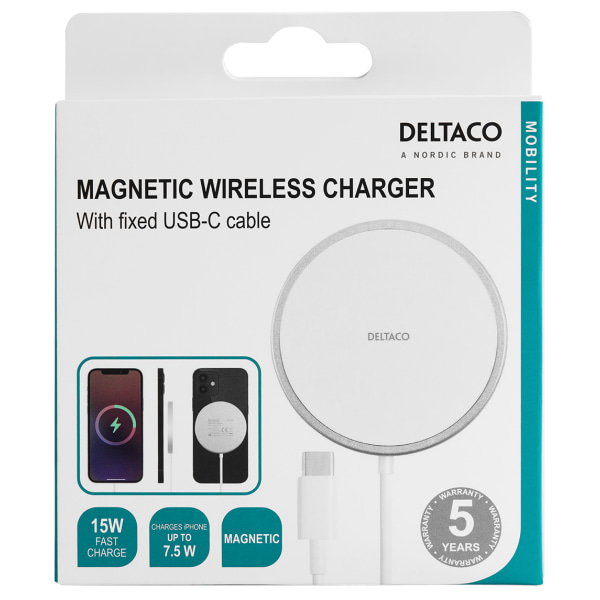 deltaco Magnetic wireless charger, iPhone 12/13/14/15, USB-C, wh