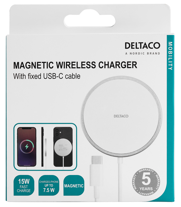 Magnetisk trådløs oplader, 15 W, USB-C, hvid/sølv