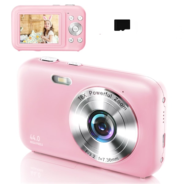 INF Digitalkamera 1080P 44MP 16x zoom 2,4-tums skärm, 32GB kort Rosa