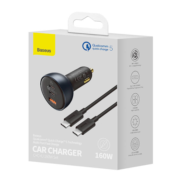 Billaddare Baseus Qualcomm, USB, 2x USB-C, 160W (grå)