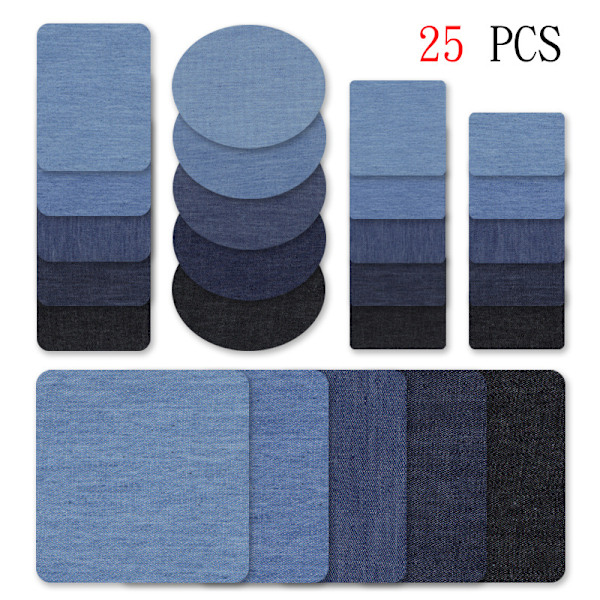 Stryg-på denim patches broderede applikationssæt (25 stk) - firkantet og rektangulært