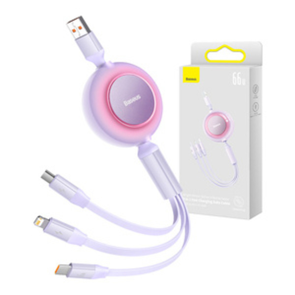 Baseus Bright Mirror 3, USB 3-i-1-kabel för micro USB / USB-C / Lightning 66W / 2A 1,1m (lila)