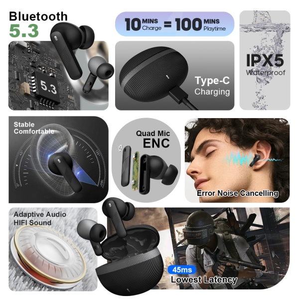Bluetooth-hörlurar med ENC-samtalsbrusreducering Snabbladdning V