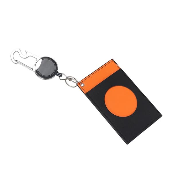 Infällbar märkeshållare med PU-läderfodral och karbinhake - Orange