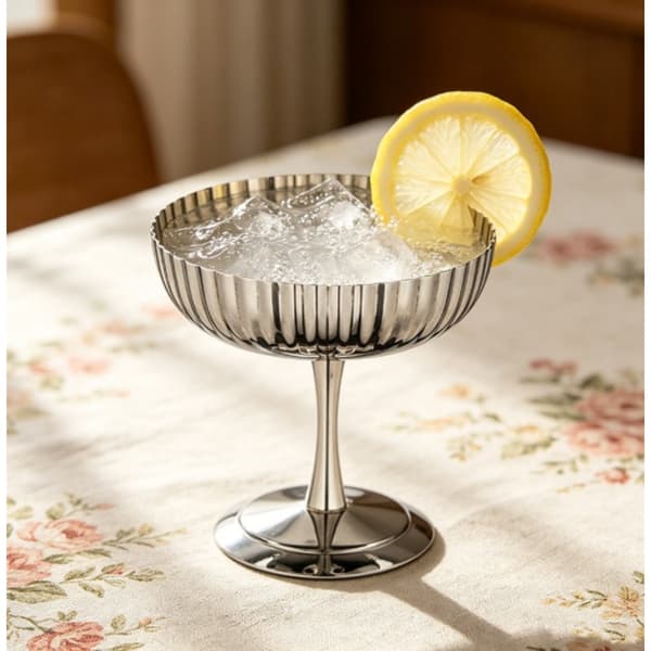 Isbæger i rustfrit stål 304 med stilk, 2 sølvfarvede lotusbægre og skeer til desserter, is og cocktails