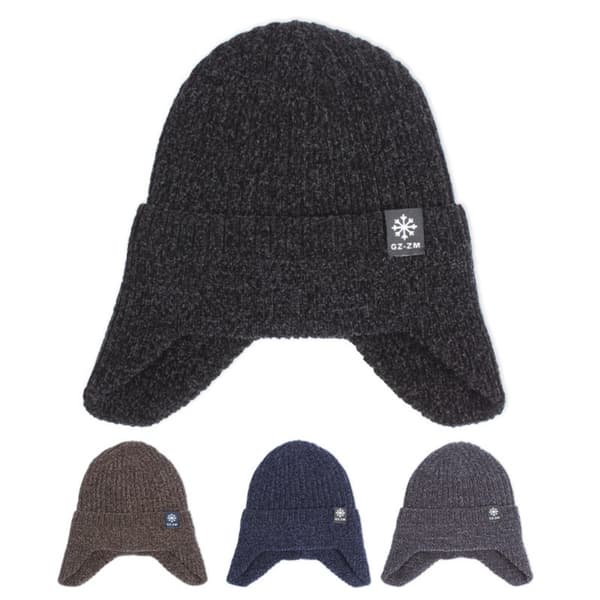 Vintermössa för män - Chenille Stickad mössa med öronlappar för kallt väder Black Black