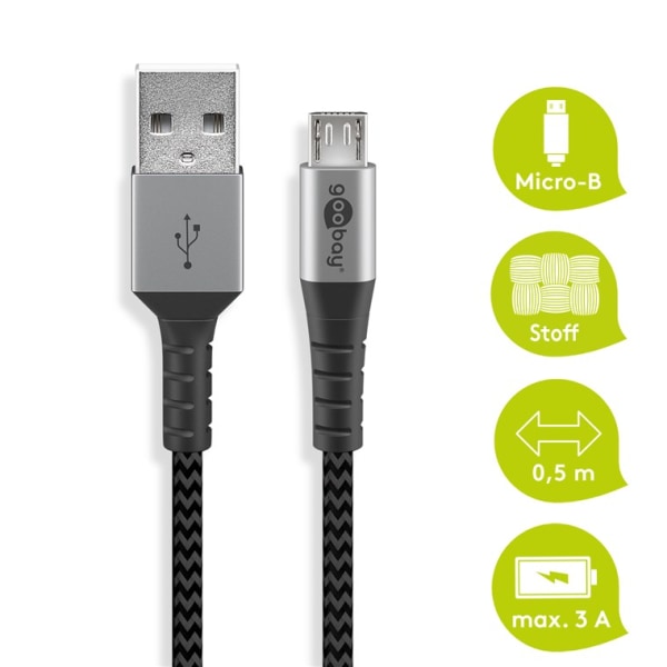 Micro-USB till USB-A textilkabel med metallkontakter 0,5 m