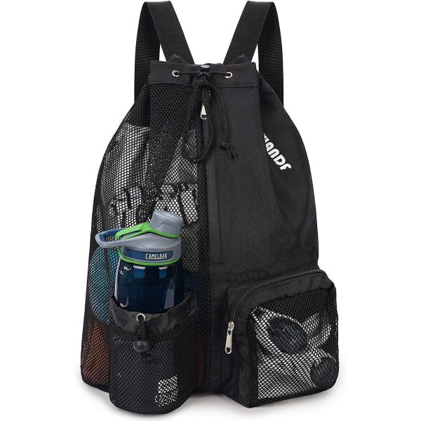 Swim Bag Mesh Ryggsäck med dragsko med ficka Svart